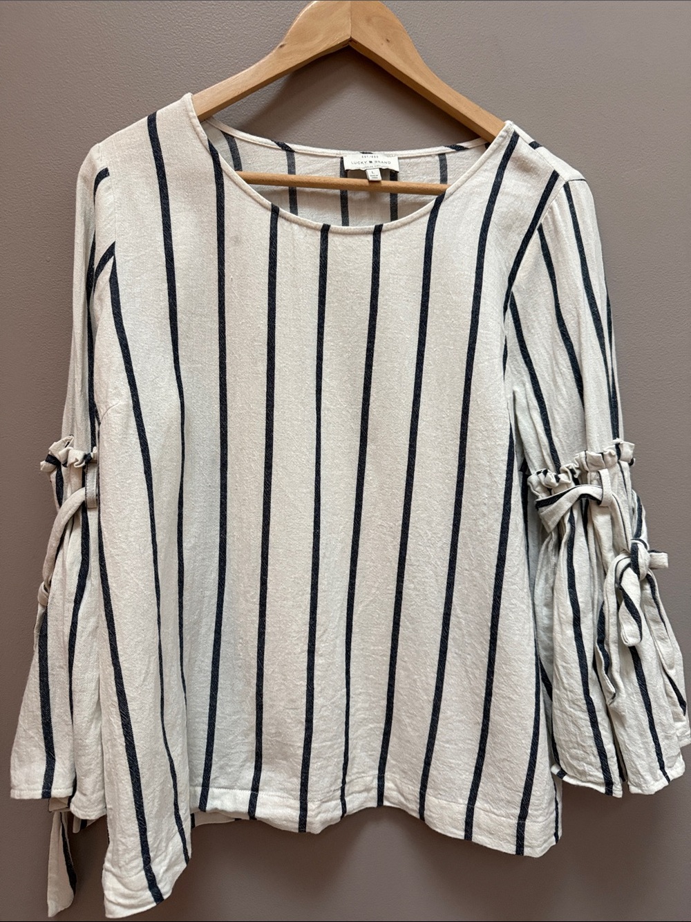 Lucky Brand Cream Top with Black Vertical Stripes and Sleeve Ties